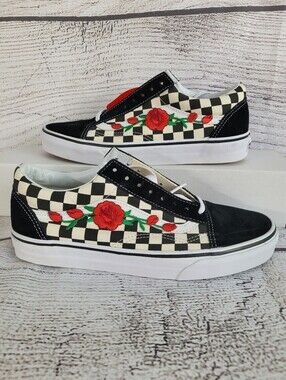 Vans Black Old Skool DX Sneakers Custom Rose Embroidery Women 9.5 Men 8 - New